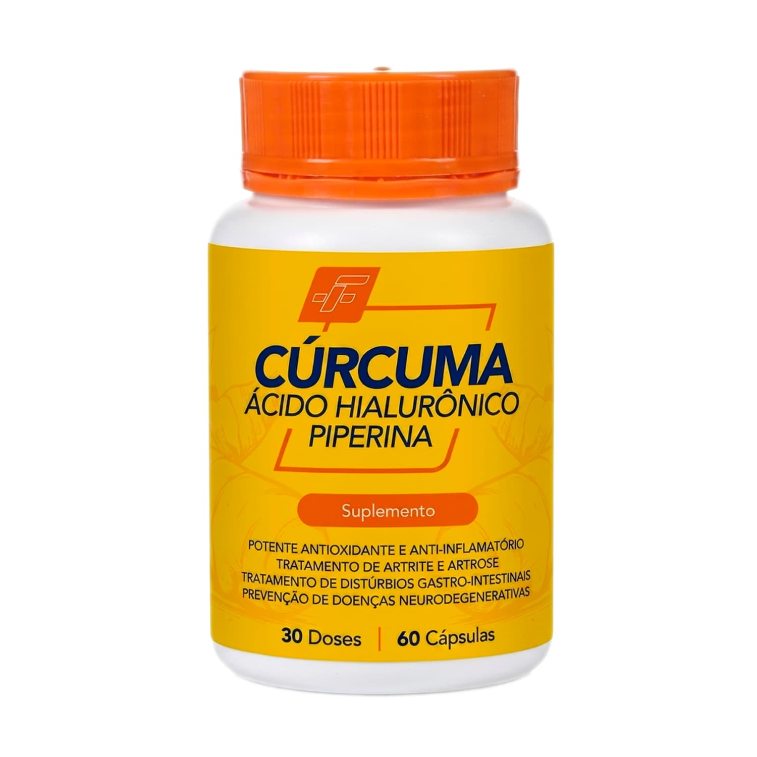 Frasco de suplemento manipulado da FastLife com cúrcuma, piperina e ácido hialurônico